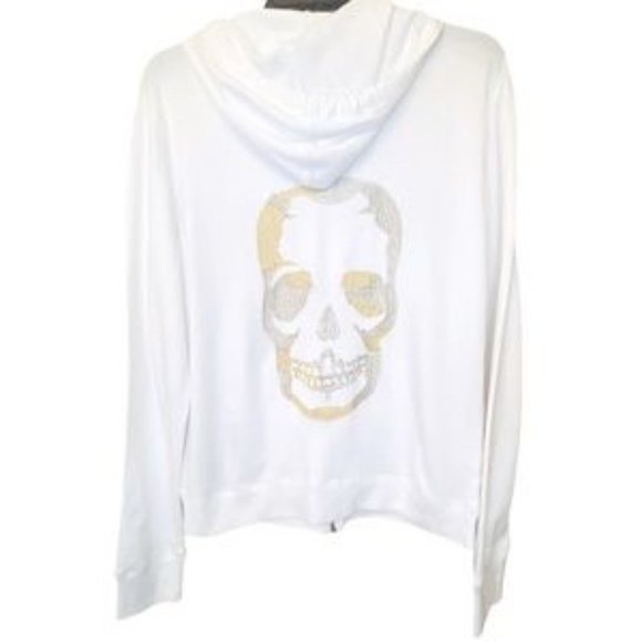 Zadig & Voltaire Upper Skull Glitter Embroidered White Zip Hoodie - S